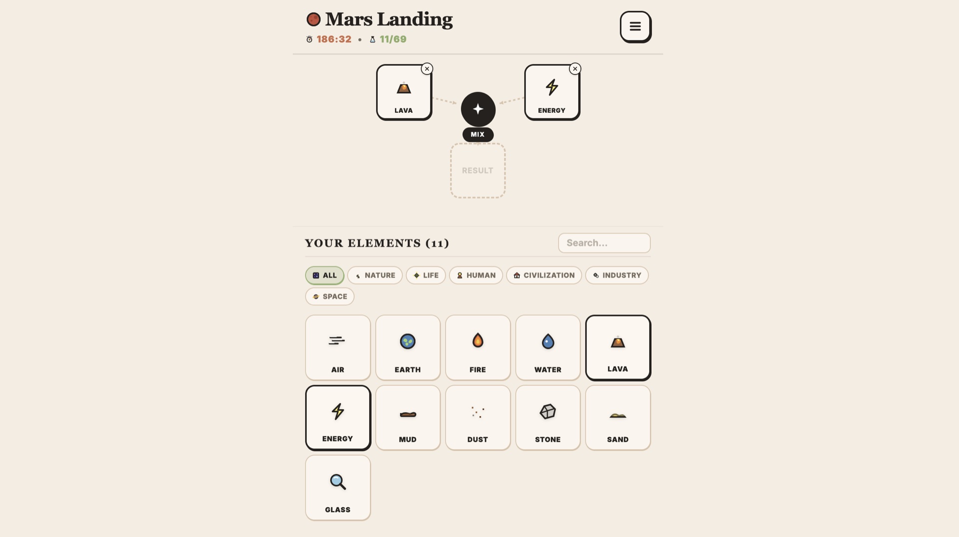 Mars Landing alchemy game interface