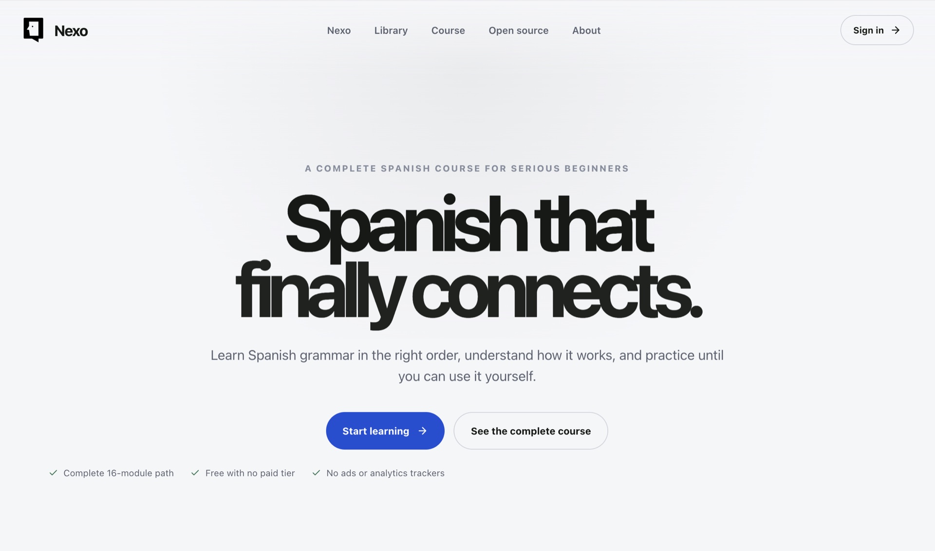 Nexo Spanish learning platform homepage